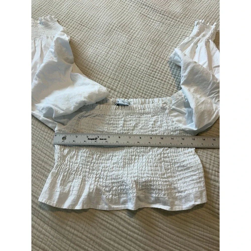 Zara White Smocked Puff Sleeve Ruffle Hem Crop Top Women Medium Coquette Cottage